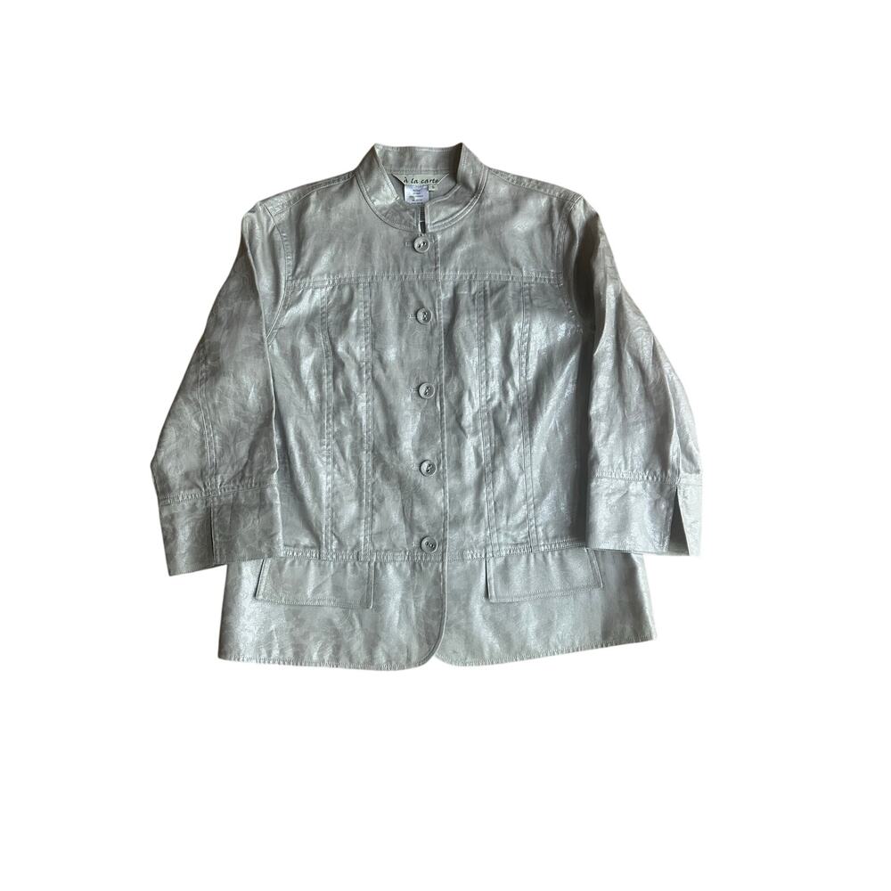 Vintage La Carte Small Silver Metallic Y2K Crew Neck Button Holiday Glam Jacket